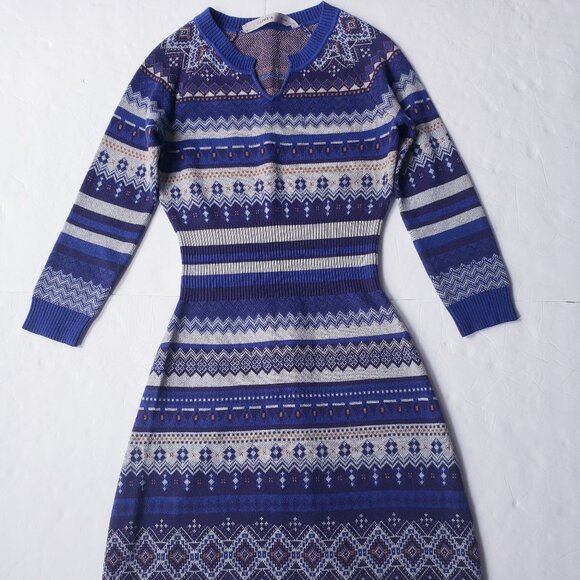 Athleta Fara Fair Isle Sweater Stretch Knit Cotton Blue Sweater Dress - Picture 2 of 10